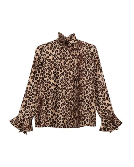 Alberto Biani Brown Leopard-Print High-Neck Blouse