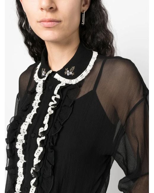 DSquared² Black Ruffled Sheer Silk Blouse