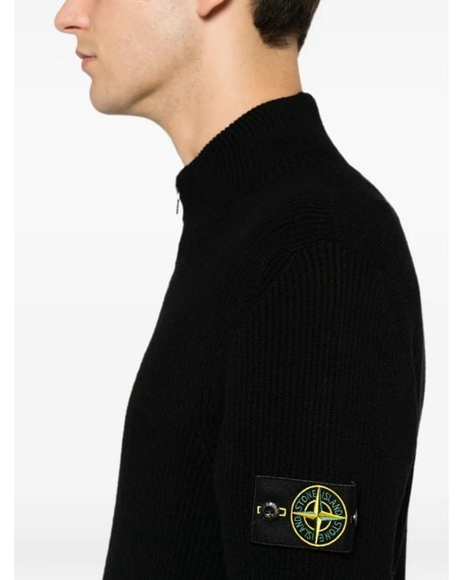 Stone Island Black Ribbed Rws Wool Zip-Up Cardigan With Logo Badge for men