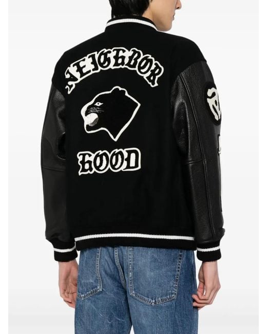 Neighborhood Black Logo-Patch Varsity Jacket for men