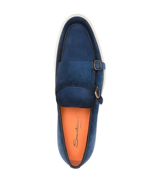 Santoni Suède Loafers Met Dubbele Gesp in het Blue voor heren