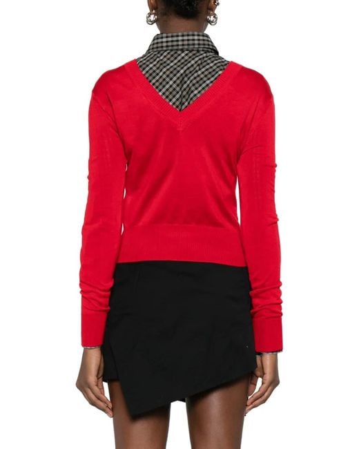 Vivienne Westwood Red Fitted Sweater With Deep V-Neckline And Ribbed Cuffs