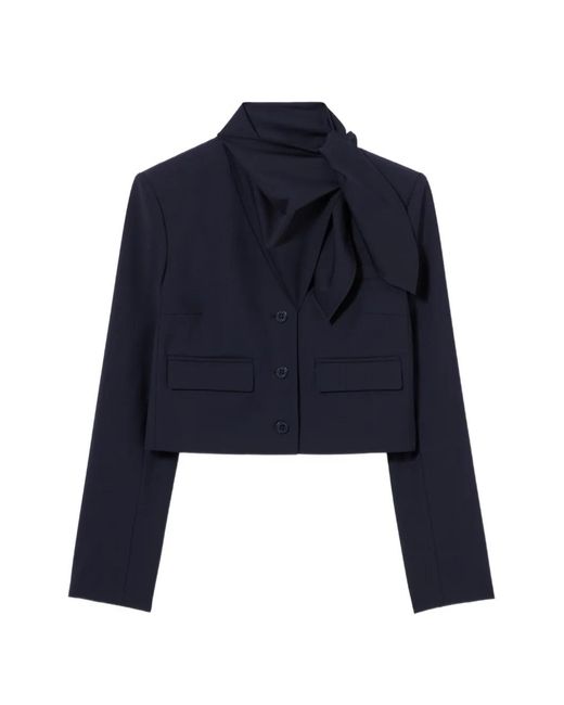 Claudie Pierlot Blue Cropped Pussy-Bow Blazer