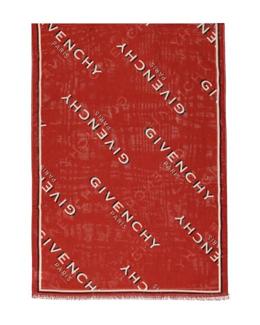 Givenchy Red Logo-Lettering Frayed Scarf