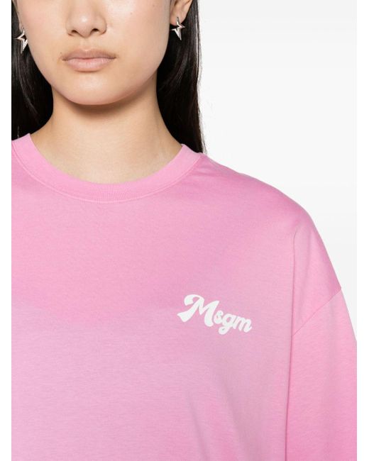 MSGM Pink Crew Neck Logo-print Cotton T-shirt