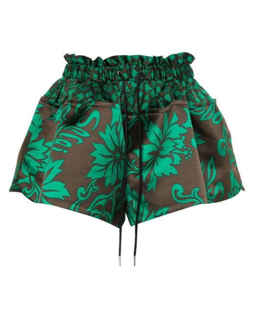 Sacai Green Floral-print Flared Shorts