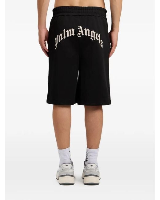 Palm Angels Black Mid-Length Track Shorts With Curved Logo Print for men