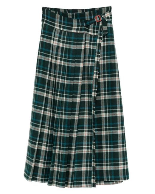 Niu Green Buckle-Detail Plaid Skirt