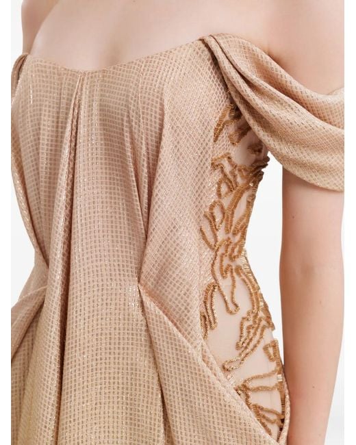 Gemy Maalouf Natural Off-Shoulder Beaded Ruched Dress