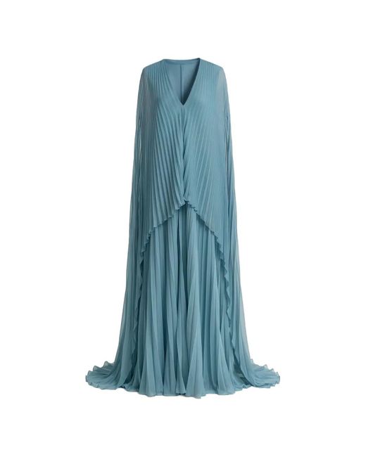 Gemy Maalouf Blue Plissé V-Neck Maxi Dress