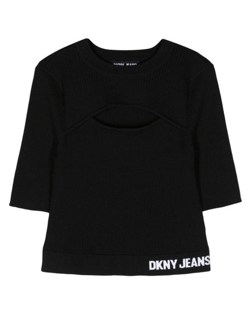 DKNY Black Geripptes Strickoberteil mit Cut-Out-Detail