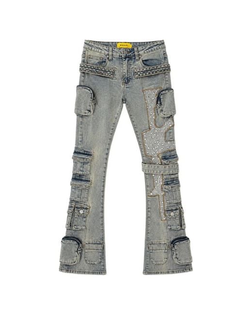 GUAPI Gray Rhinestone-Embellished Quilted-Panel Jeans for men