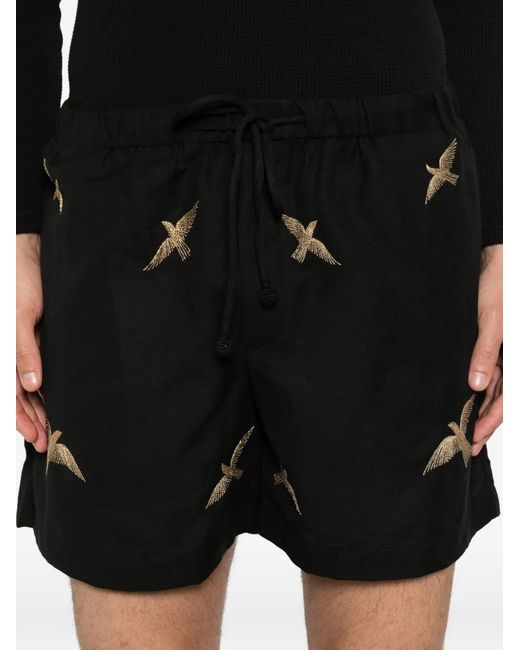 BAZISZT Black Bird-Embroidered Drawstring Shorts for men