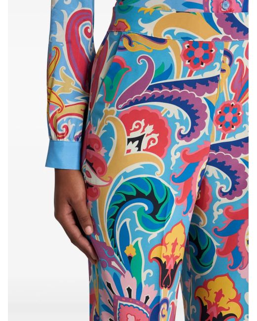 Etro Blue Floral-Print Silk Palazzo Pants