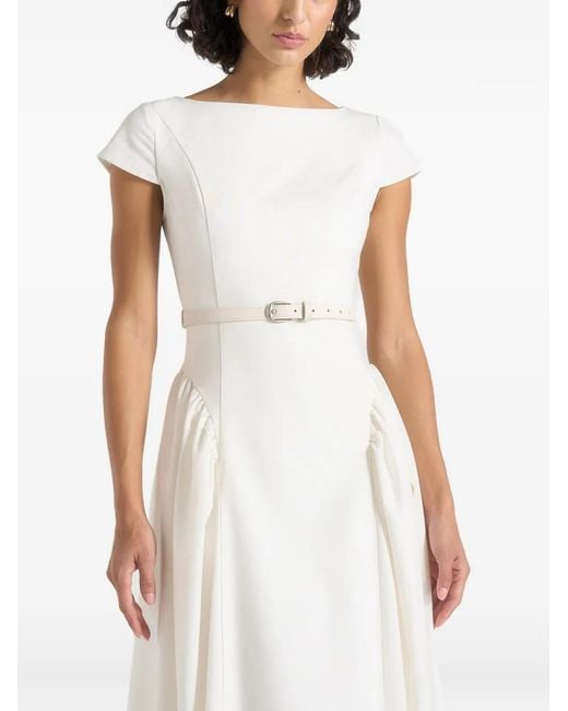 Manière De Voir White Boat Neck Belted Pleated Midi Dress