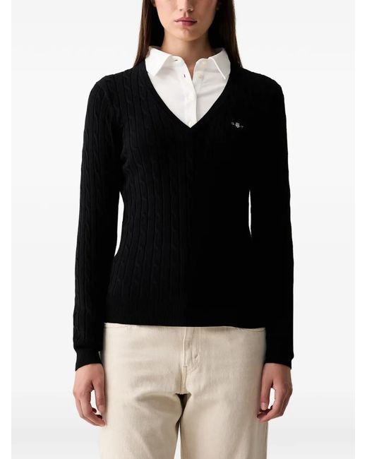 Gant Black Cable-Knit V-Neck Sweater