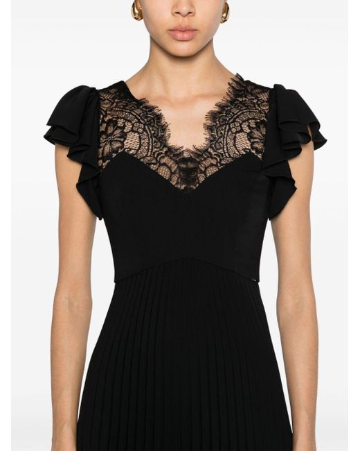 Nissa Black Lace-detailed Pleated Midi Dress