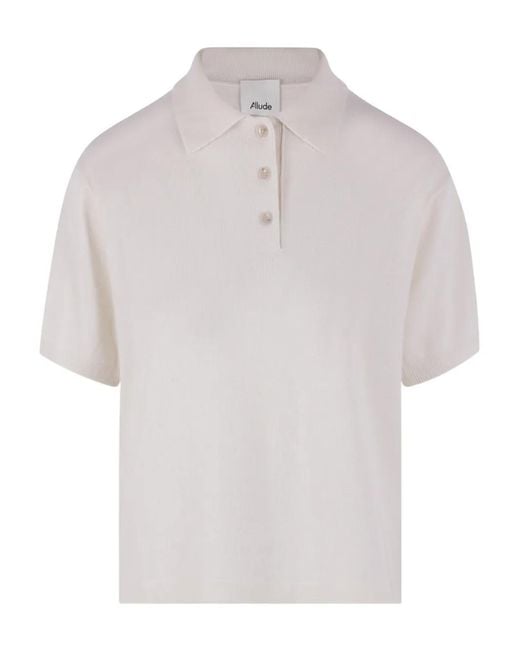 Allude White Three-Button Knitted Polo Shirt