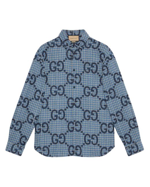 Camicia In Lana A Quadri Con Motivo Jumbo GG di Gucci in Blue da Uomo