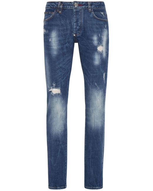Philipp Plein Blue Paint-splatter Straight-leg Jeans for men
