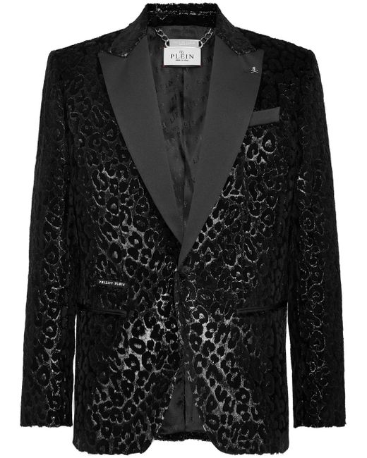 Philipp Plein Black Leopard-Motif Velvet Blazer for men