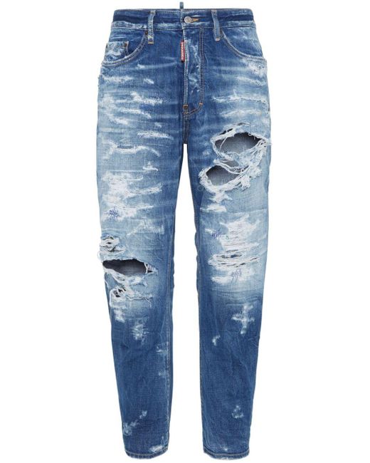 DSquared² Blue Distressed Straight-Leg Jeans for men