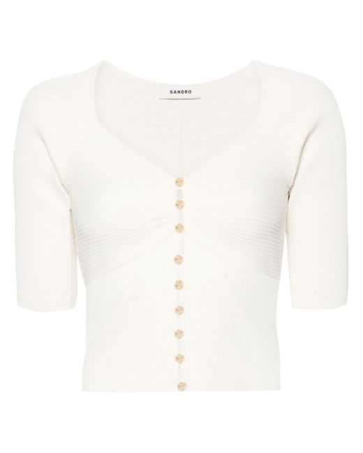 Sandro White Rose-buttons Ribbed Cardigan