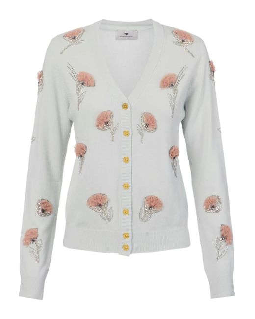 Elisabetta Franchi White Embroidered-Flower V-Neck Cardigan