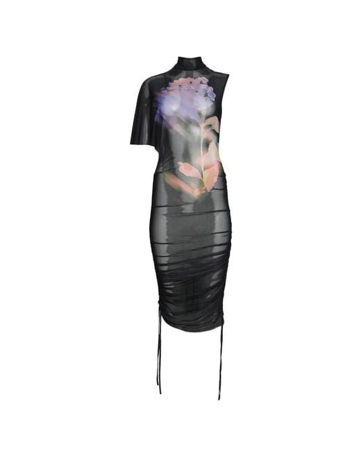 David Koma Black Asymmetric-Sleeve Printed-Mesh Midi Dress