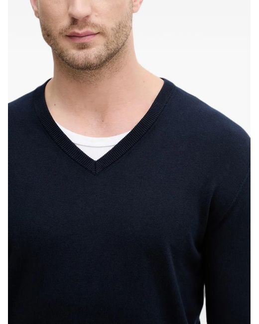 Benetton Blue Pull À Col V À Finitions Côtelées for men