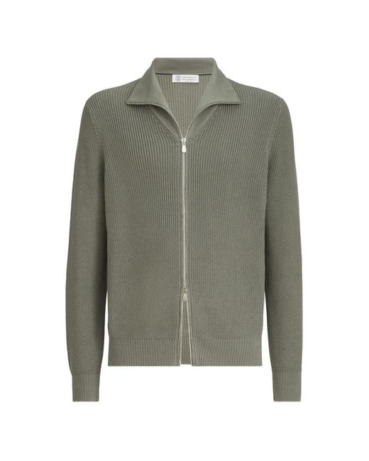 Brunello Cucinelli Green Cardigan Demi-Côtes Anglaises En Coton À Fermeture Éclair for men