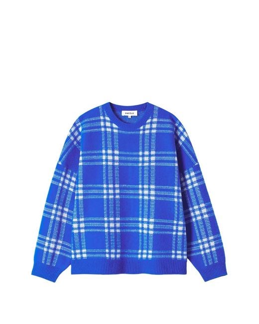 Enfold Blue Check-Pattern Intarsia-Knit Sweater