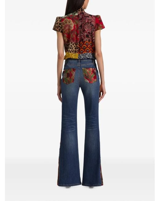 Alice + Olivia Brown Jeannie Patchwork-Print Pussy-Bow Blouse
