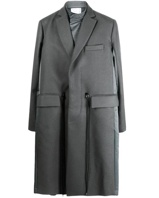 Sacai Gray Drawstring Wool Trench Coat for men