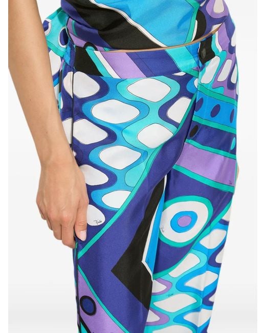 Emilio Pucci Blue Mid-Rise Silk Trousers With Elastic Waist