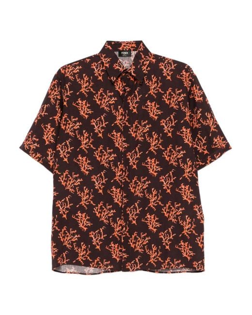 Fendi Brown Coral-Print Linen Shirt for men