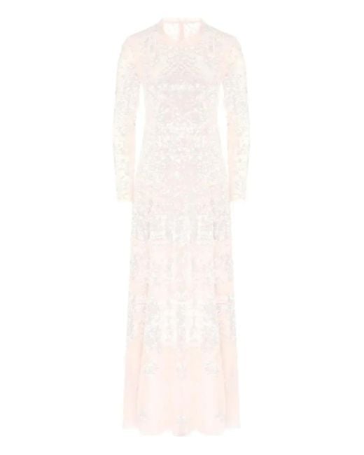 Needle & Thread White Aurora Sequin-Embellished Long-Sleeved Gown