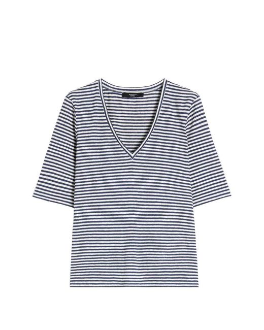 Weekend by Maxmara Blue Striped V-Neck Linent-Shirt
