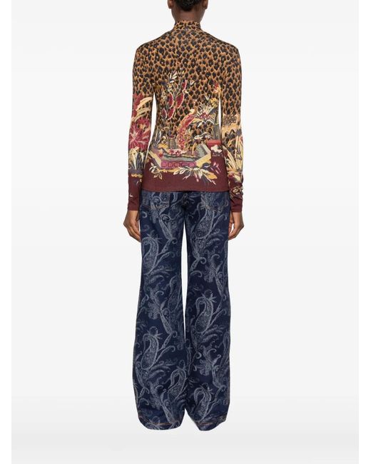 Etro Brown Leopard-Print Floral-Print Top