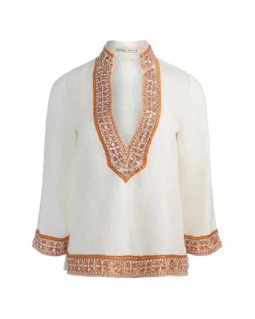 Alice + Olivia White Eleonora Embellished Linen Tunic Top