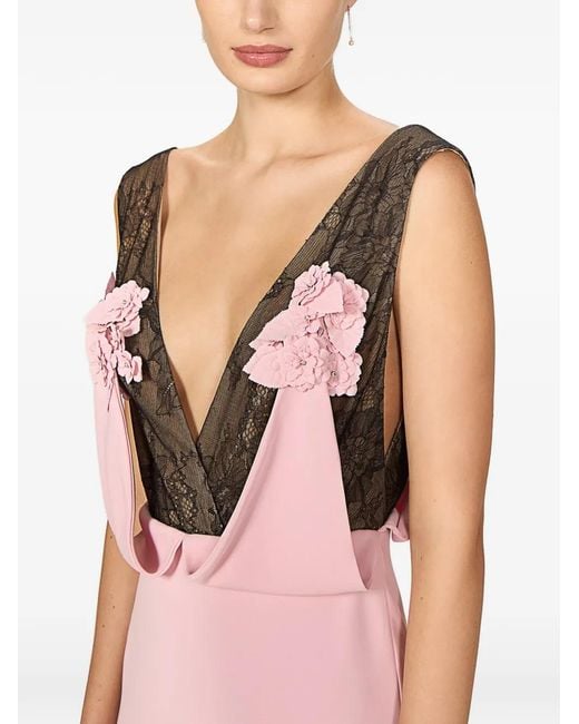 Costarellos Pink Janessa Lace Plunge-Neck Gown