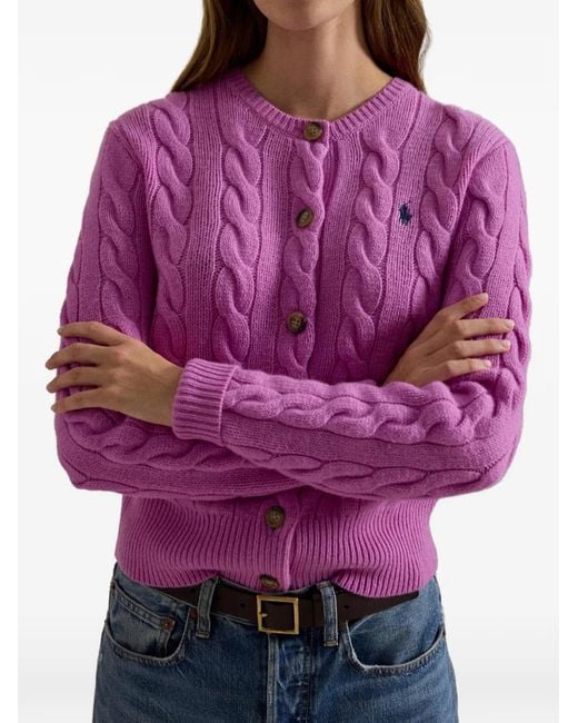 Polo Ralph Lauren Purple Cable-Knit Logo-Embroidered Cardigan