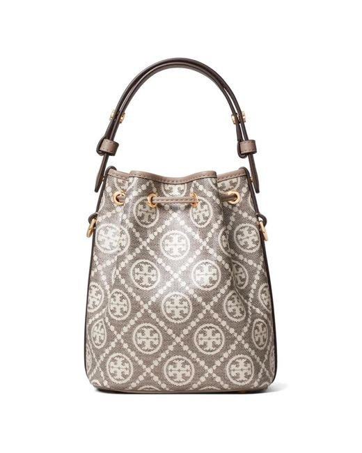 Tory Burch White T Monogram Coated-Jacquard Mini Bucket Bag