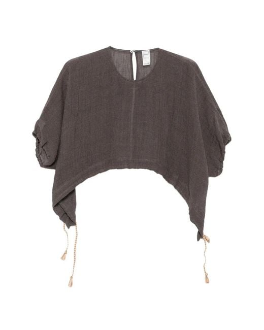120% Lino Gray Asymmetric Tassel-Detail Blouse