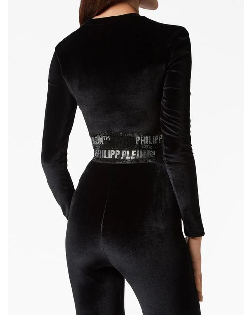 Philipp Plein Black Long-Underband Velvet Crop Top
