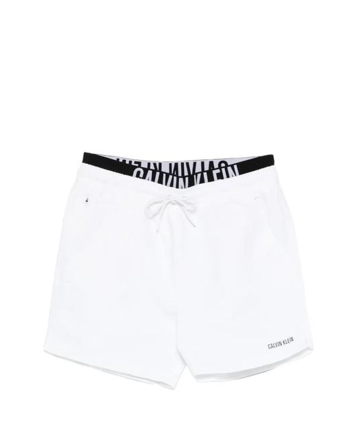 Calvin Klein White Logo-Waistband Swim Shorts for men