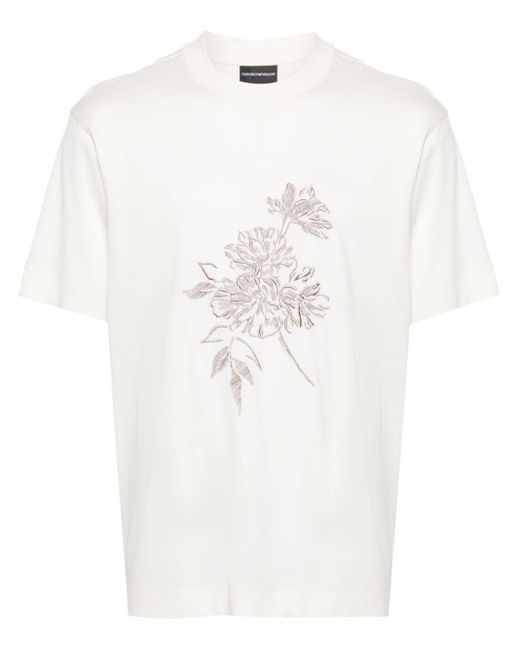 T-shirt à fleurs brodées Emporio Armani pour homme en coloris White