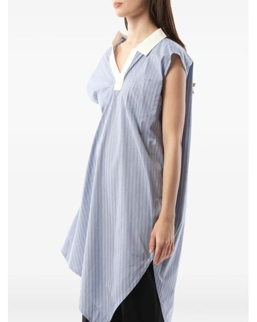 Sacai Blue Asymmetric-Hem Striped Blouse