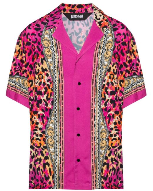 Camisa con animal print y logo Just Cavalli de hombre de color Pink
