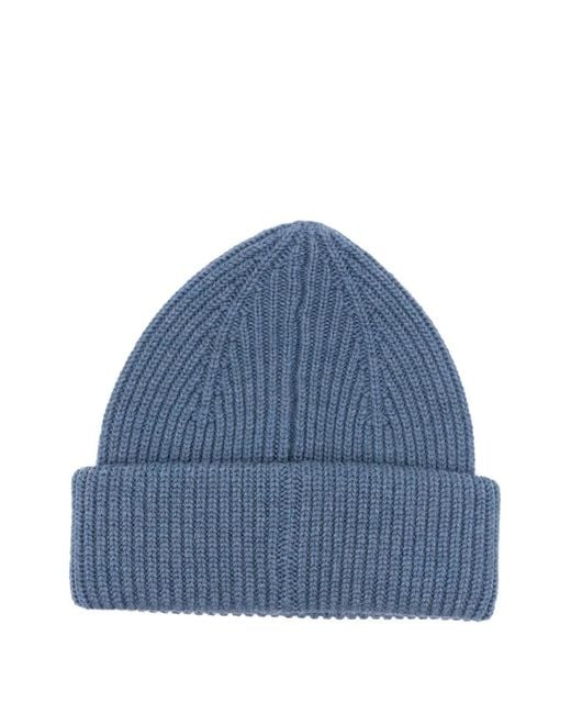 Lanvin Blue Ribbed-Logo Beanie Hat for men